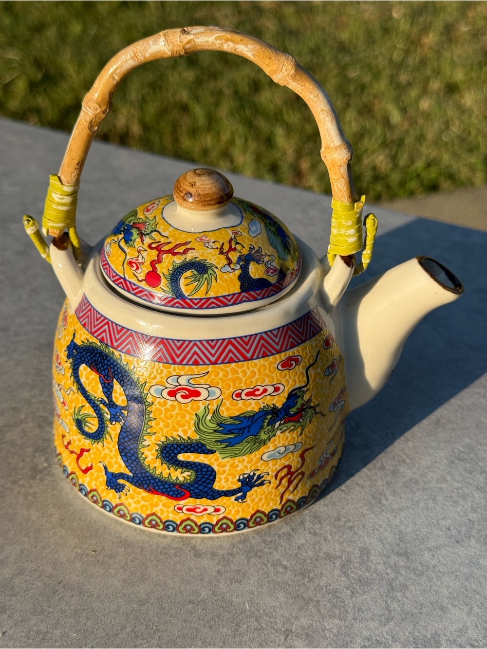 Chinese Yellow Dragon Porcelain Teapot Bamboo Handle Chinoiserie Vintage